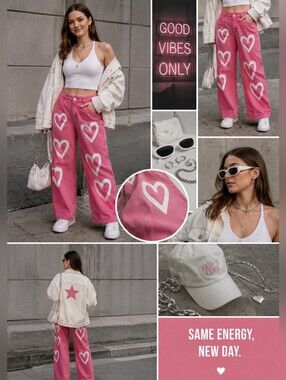 💖 Pink Heart Print Wide-Leg Jeans – Size S